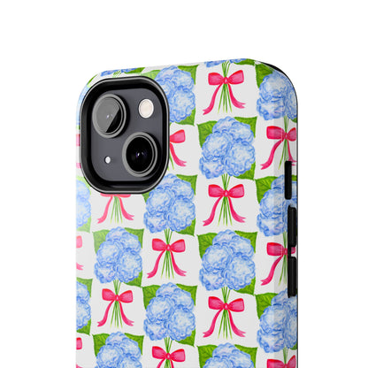 Blue Watercolor Hydrangea Bouquets with Hot Pink Bows Illustrated Patterned Tough Phone Case | Various Models