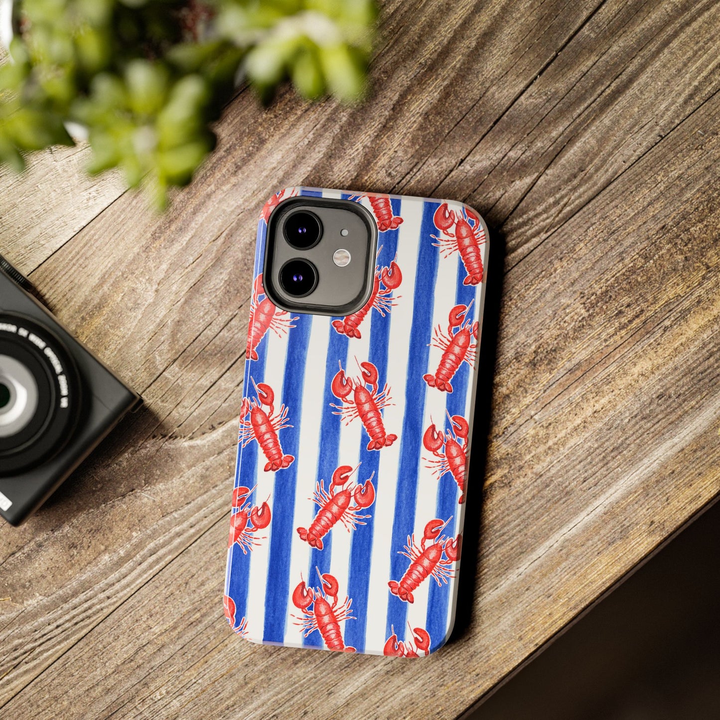 Blue & White Strip Red Lobster Watercolor Patterned Phone Case | Various Models