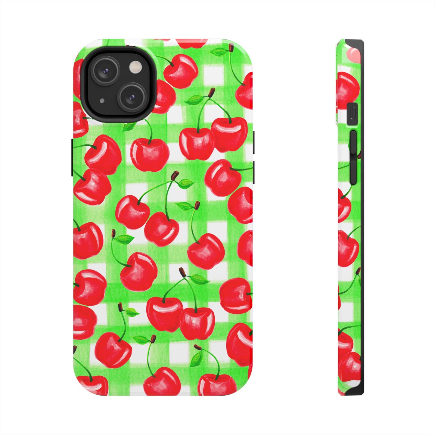 Red Tossed Cherries Green Gingham Watercolor Illustrated Tough Phone Case | Various Models Available