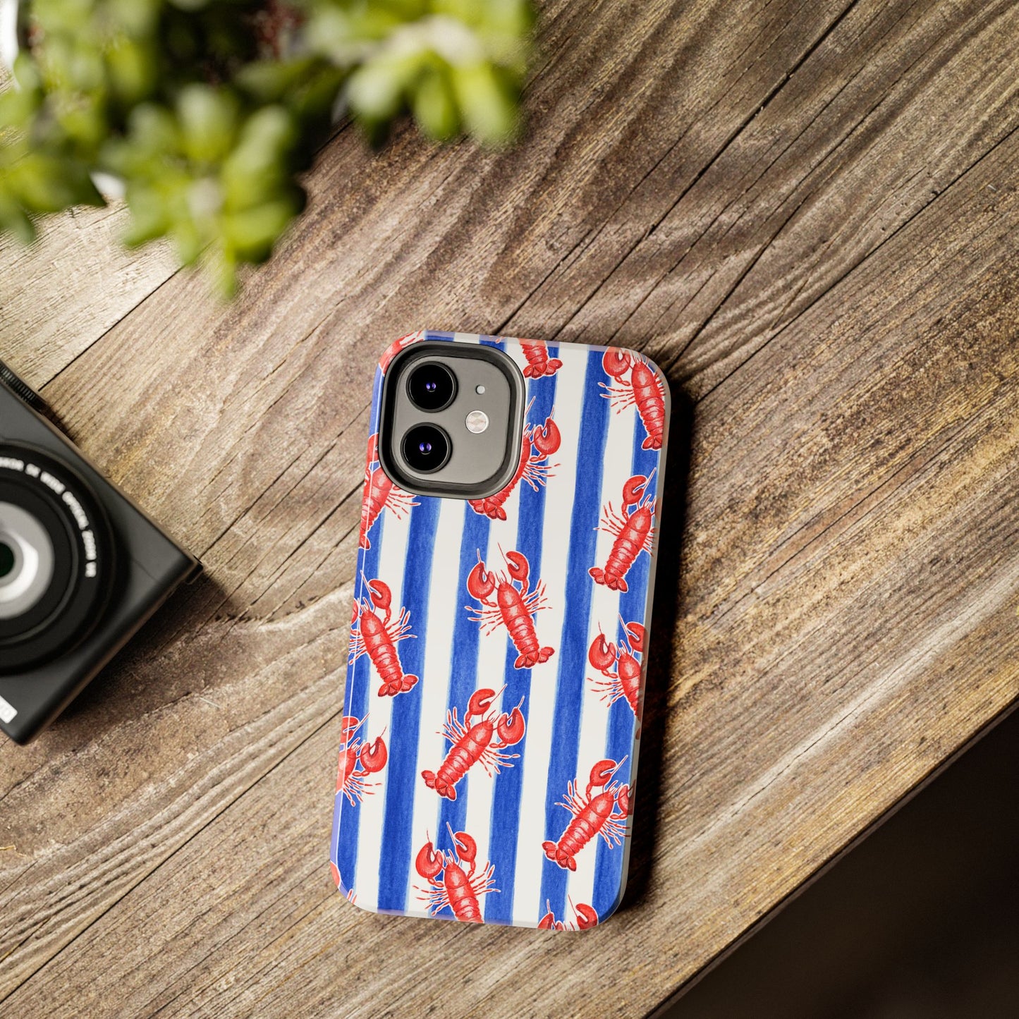 Blue & White Strip Red Lobster Watercolor Patterned Phone Case | Various Models
