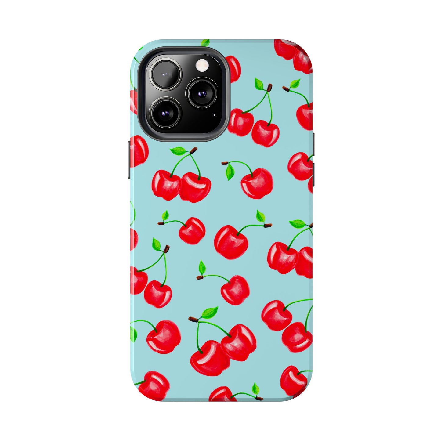 Tossed Red Watercolor Cherries Illustrated Pattern Bright Blue Tough Phone Case | Various Models