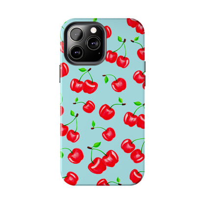 Tossed Red Watercolor Cherries Illustrated Pattern Bright Blue Tough Phone Case | Various Models