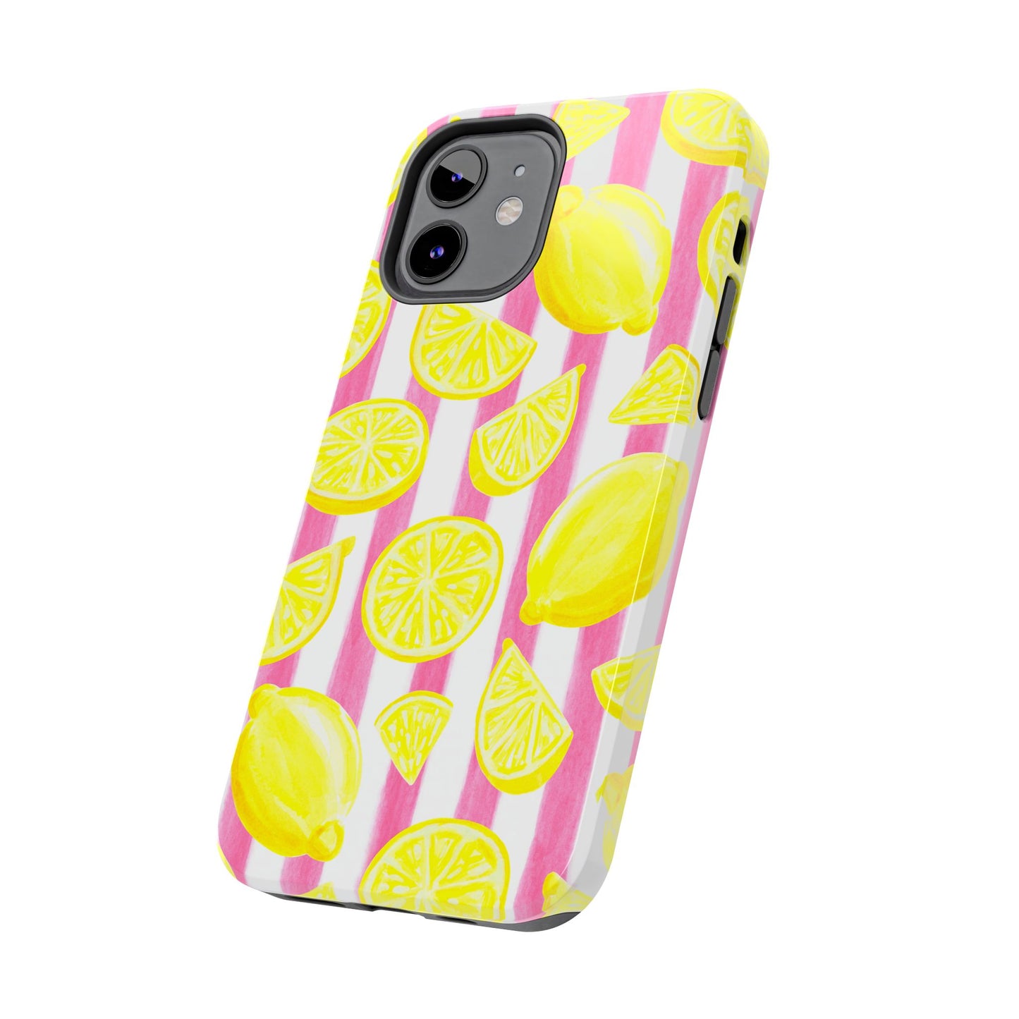 Pink Lemonade Yellow Lemons with Pink & White Watercolor Stripes Tough Phone Case