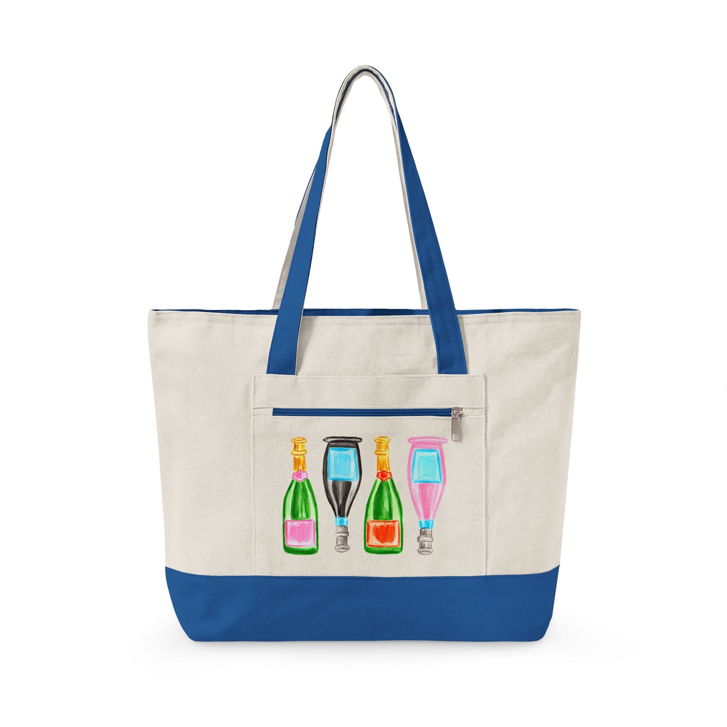 Canvas Book Tote | Pink & Green, Pink & Blue, Orange & Green Champagne Bottles Watercolor Printed Zippered Canvas Tote 18" x 14" | Various Colors
