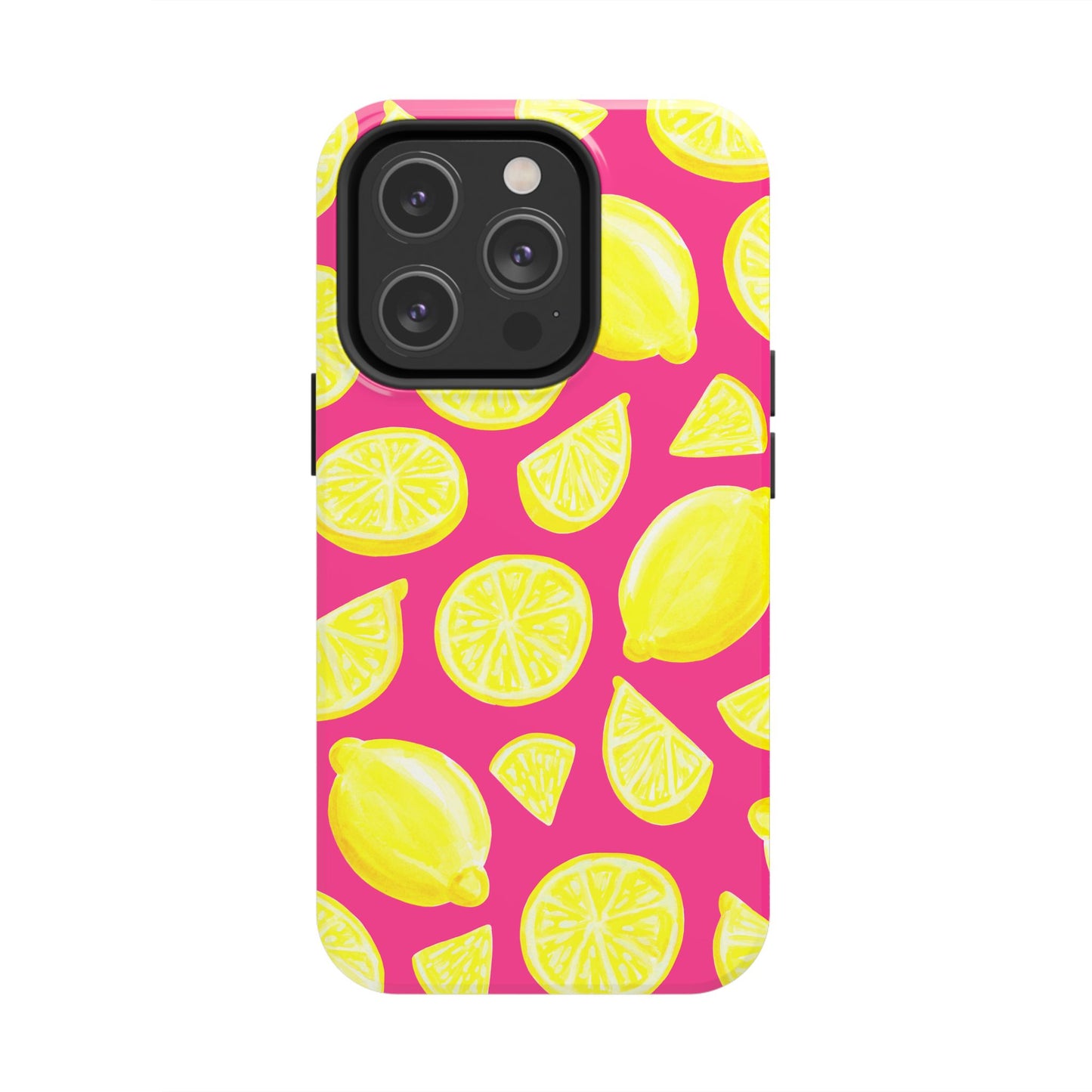 Bright Yellow Lemons Watercolor Illustrated Tossed Pattern Watermelon Pink Tough Phone Case | Various Models