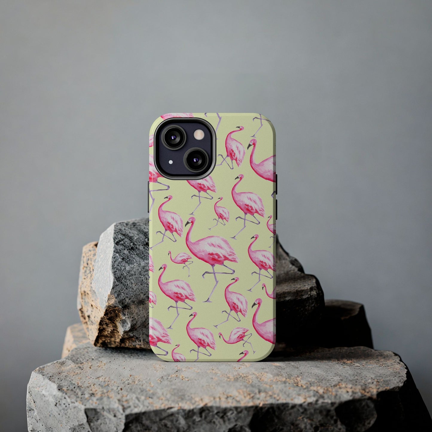 Pink Flamingos Watercolor Illustrated Tossed Pattern Yellow Phone Case | Various Models