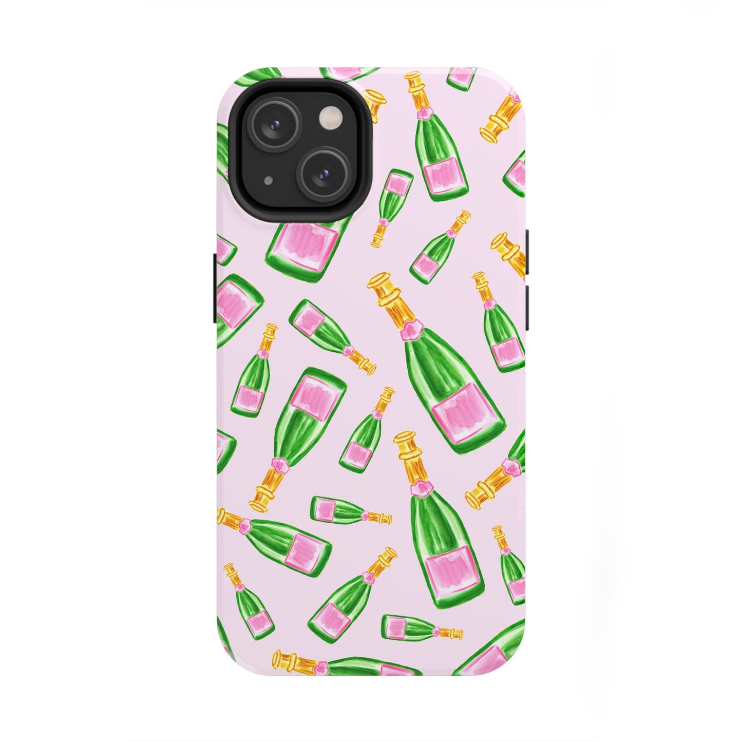 Tossed Pink and Green Watercolor Illustrated Champagne Bottles Pattern Blush Pink Tough Phone Case | Various Models