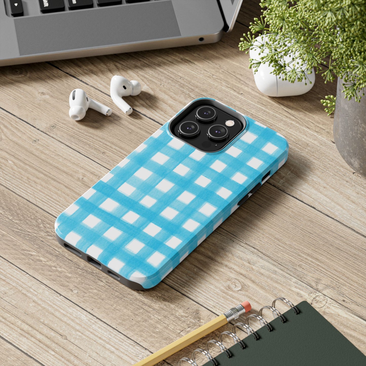 Turquoise Gingham Watercolor Illustrated Tough Phone Case | Various Models Available