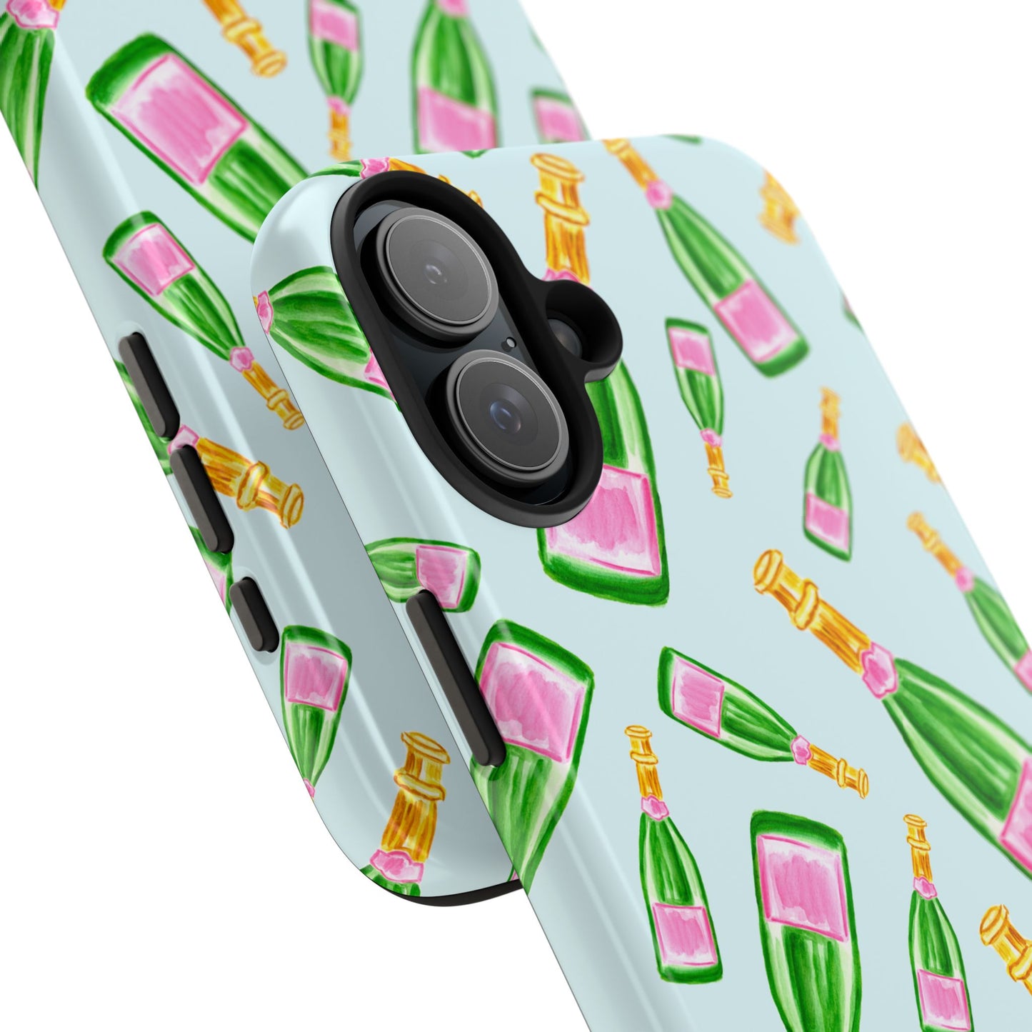 Tossed Pink and Green Watercolor Illustrated Champagne Bottles Pattern Light Blue Tough Phone Case | Various Models