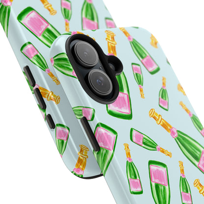 Tossed Pink and Green Watercolor Illustrated Champagne Bottles Pattern Light Blue Tough Phone Case | Various Models