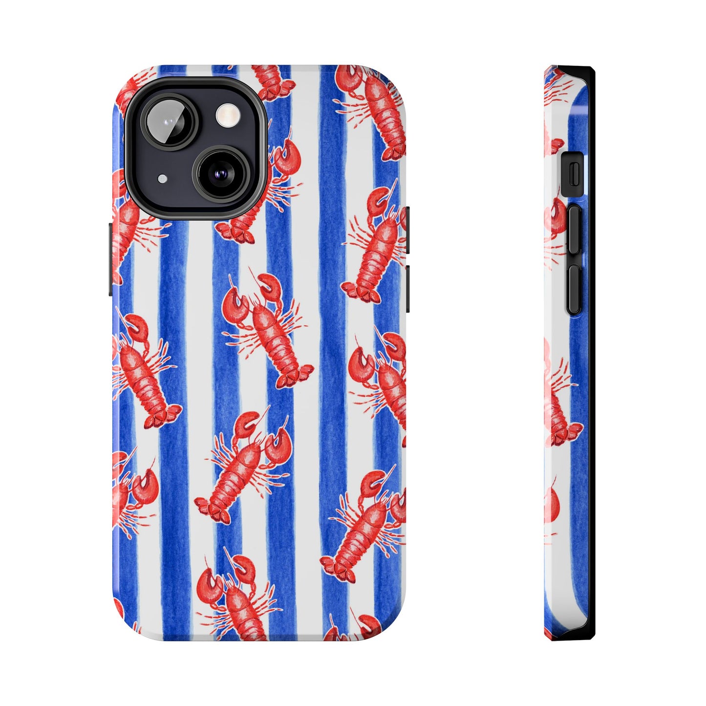 Blue & White Strip Red Lobster Watercolor Patterned Phone Case | Various Models iPhone 13 Mini