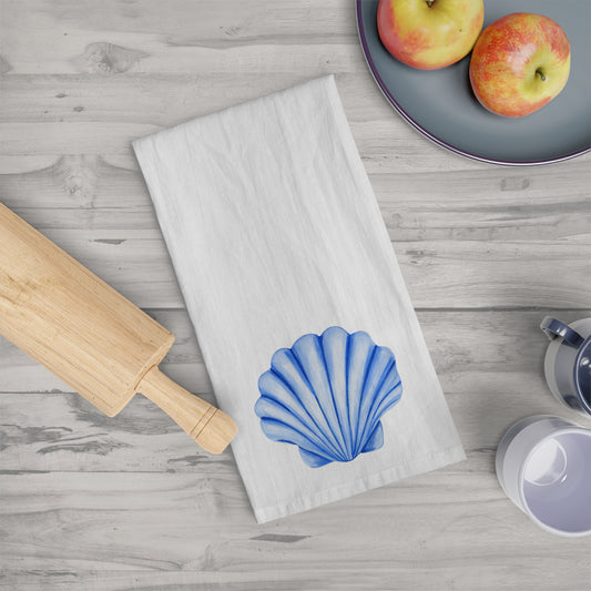 Tea Towel | Blue Seashell Watercolor Illustration | Coastal Kitchen Decor |Beach Shell Towel |Unique Nautical Hostess Gift | Seaside Accents