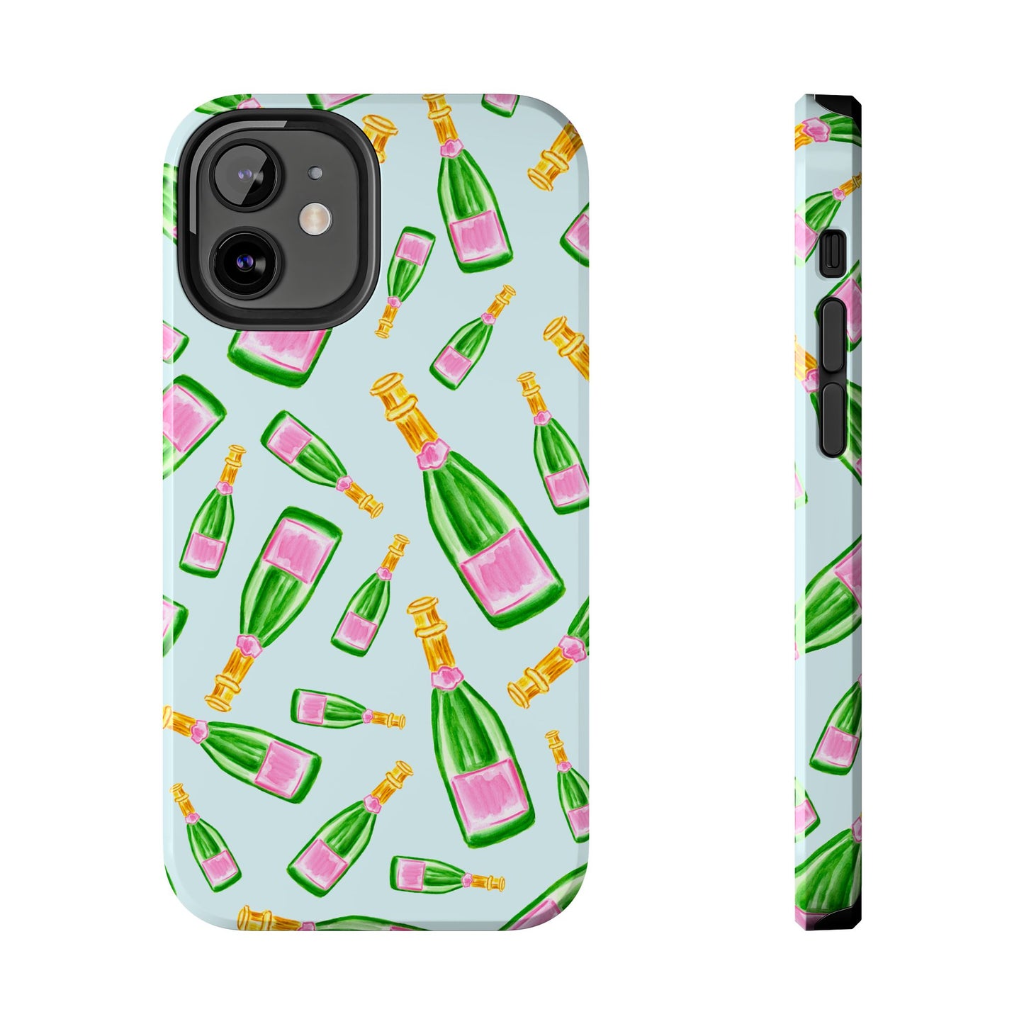 Tossed Pink and Green Watercolor Illustrated Champagne Bottles Pattern Light Blue Tough Phone Case | Various Models