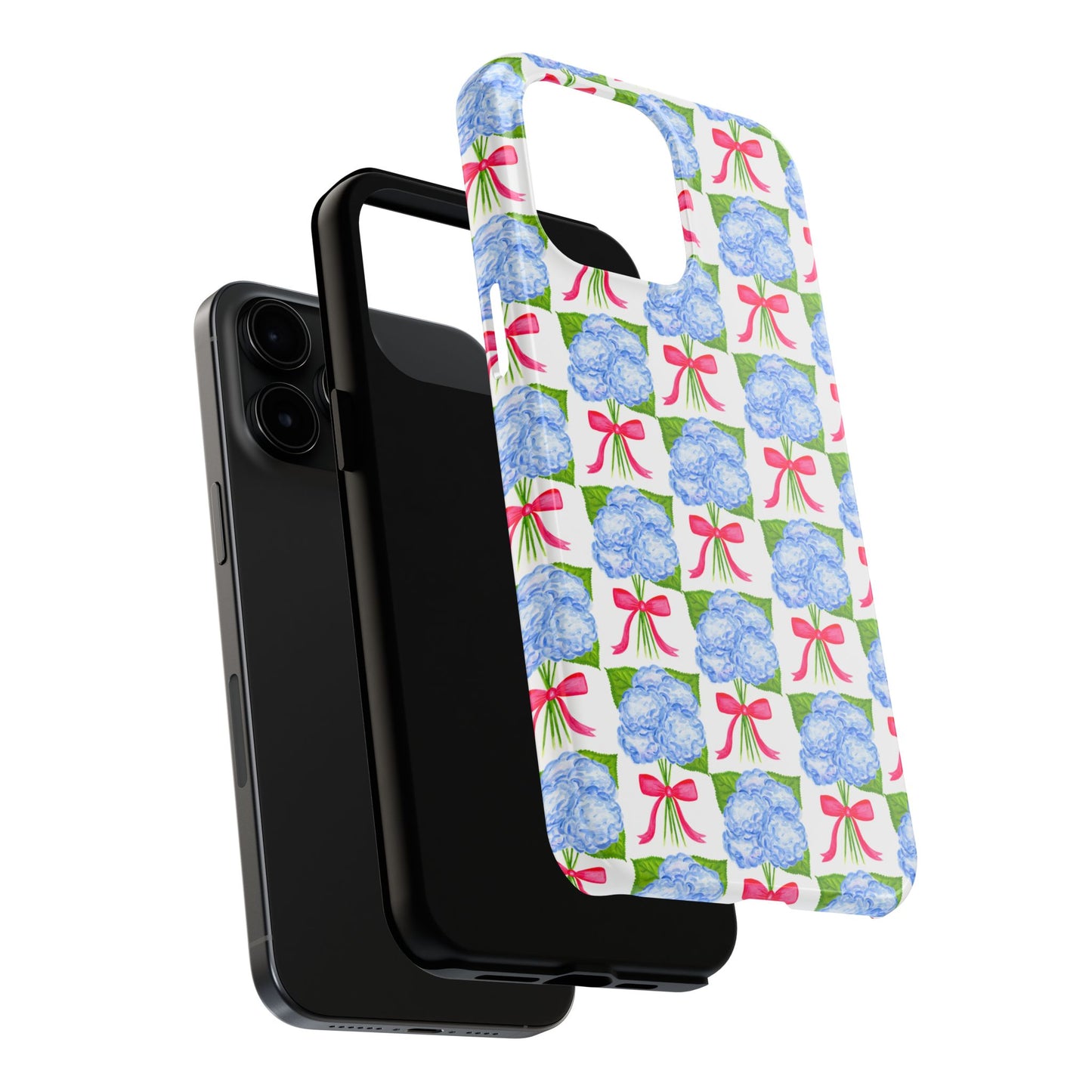 Blue Watercolor Hydrangea Bouquets with Hot Pink Bows Illustrated Patterned Tough Phone Case | Various Models