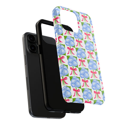 Blue Watercolor Hydrangea Bouquets with Hot Pink Bows Illustrated Patterned Tough Phone Case | Various Models