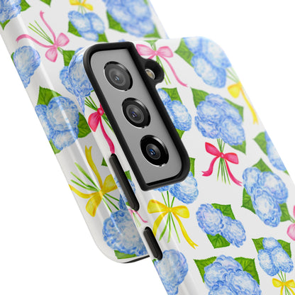 Blue Watercolor Hydrangea Bunches with Hot Pink, Yellow, Light Pink Bows Illustrated Patterned Tough Phone Case | Various Models