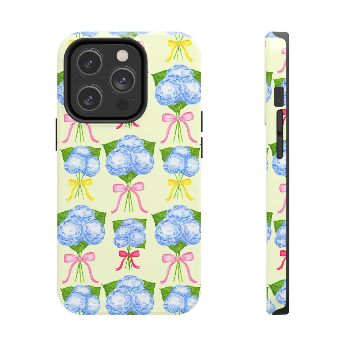 Blue Hydrangeas with Hot Pink, Yellow, Light Pink Bows Watercolor Illustrated Patterned Light Yellow Tough Phone Case | Various Models