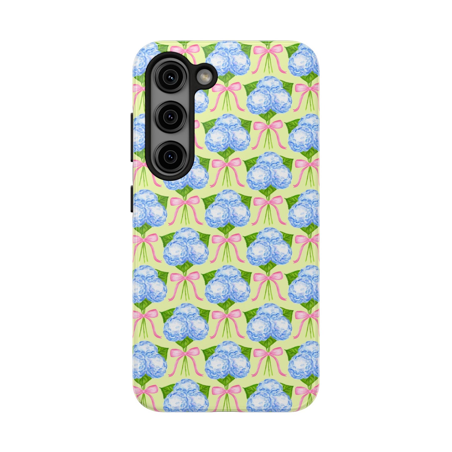 Blue Watercolor Hydrangea Bouquets with Light Pink Bows Watercolor Illustrated Patterned Yellow Tough Phone Case | Various Models