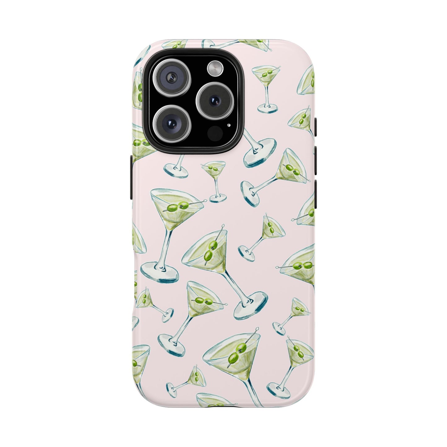 Watercolor Blue and Green Martinis Tossed Illustrated Pattern Blush Pink Tough Phone Case | Various Models