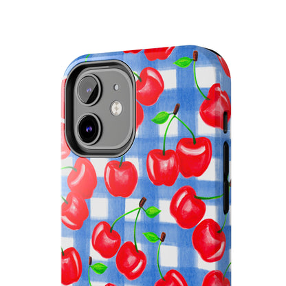Tossed Red Cherries Blue Gingham Checkered Watercolor Illustrated Tough Phone Case | Various Models