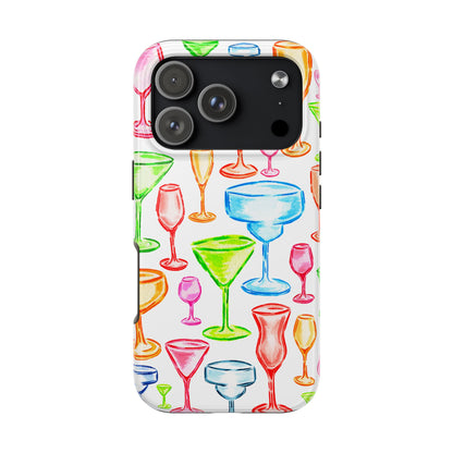 Monochromatic Margarita, Wine, Martini, and Champagne Flute Cocktail Glasses Watercolor Illustrated Tough Phone Case | Various Models Available