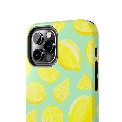 Bright Yellow Lemons Watercolor Illustrated Tossed Pattern Mint Green Tough Phone Case | Various Models