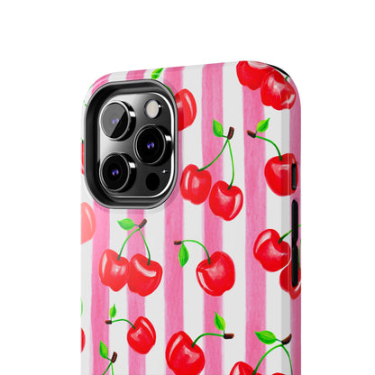 Tossed Red Watercolor Cherries Illustrated Pattern Light Pink Stripes Tough Phone Case | Various Models