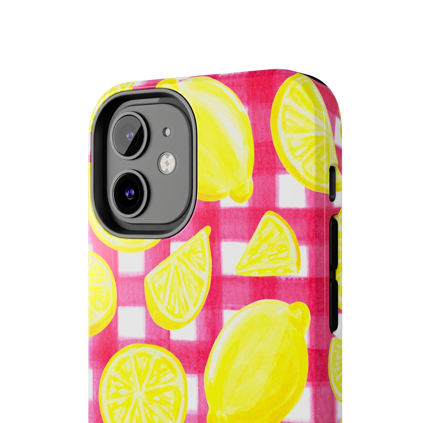 Yellow Lemons & Hot Pink Gingham Watercolor Illustrated Tough Phone Case | Various Models Available