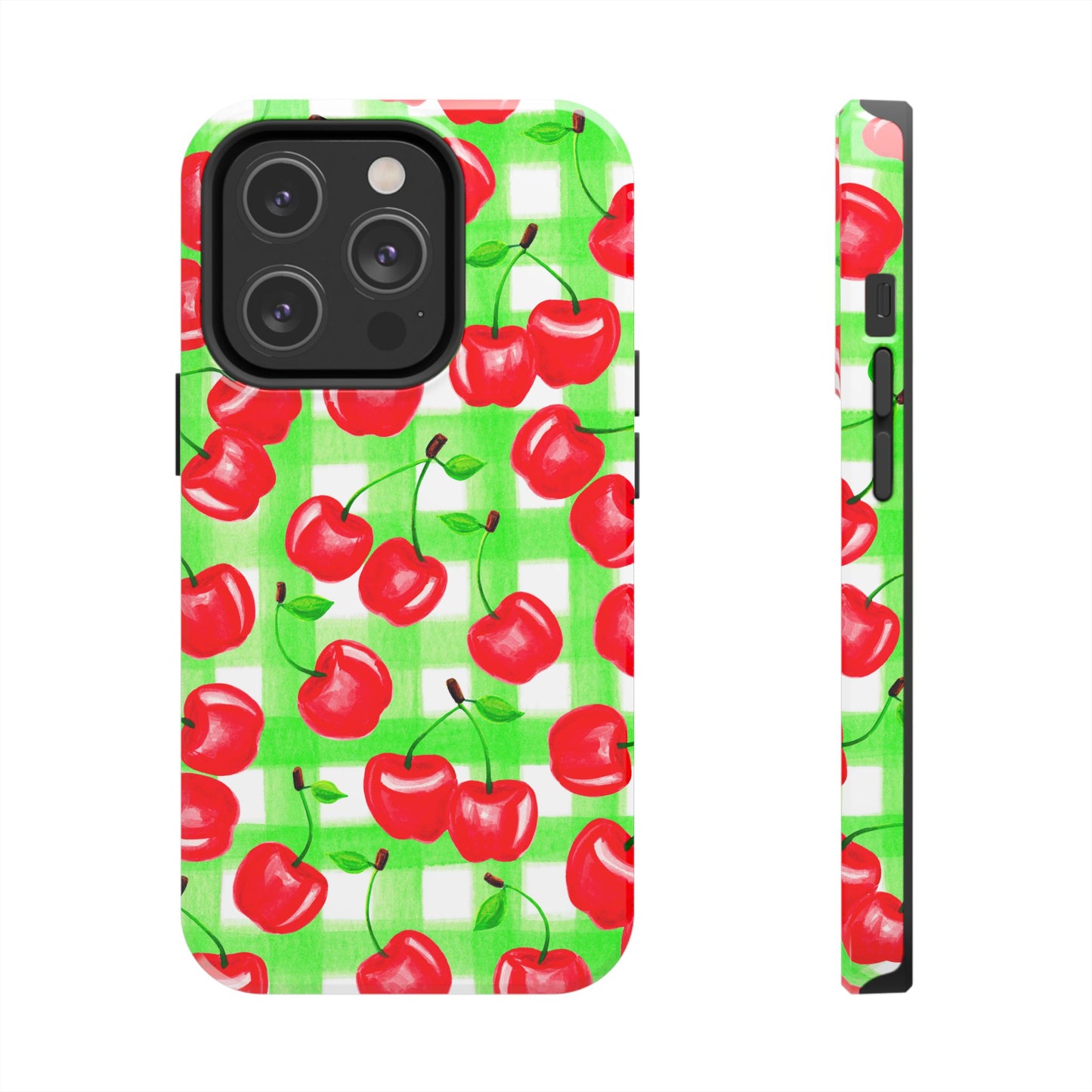 Red Tossed Cherries Green Gingham Watercolor Illustrated Tough Phone Case | Various Models Available
