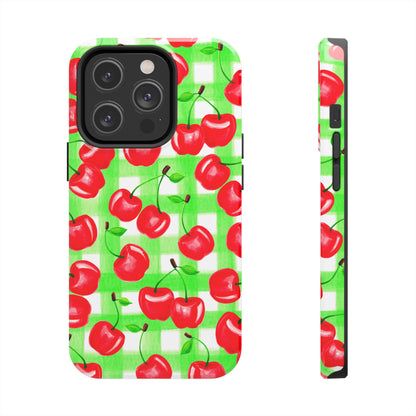 Red Tossed Cherries Green Gingham Watercolor Illustrated Tough Phone Case | Various Models Available