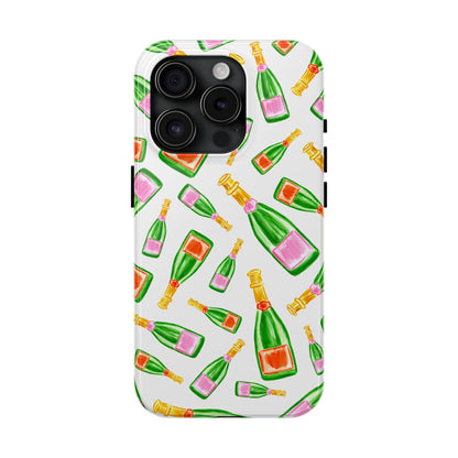 Tossed Pink and Green & Orange and Green Watercolor Illustrated Champagne Bottles Pattern Tough Phone Case | Various Models