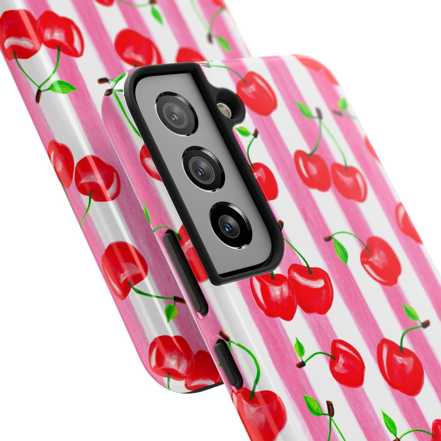 Tossed Red Watercolor Cherries Illustrated Pattern Light Pink Stripes Tough Phone Case | Various Models