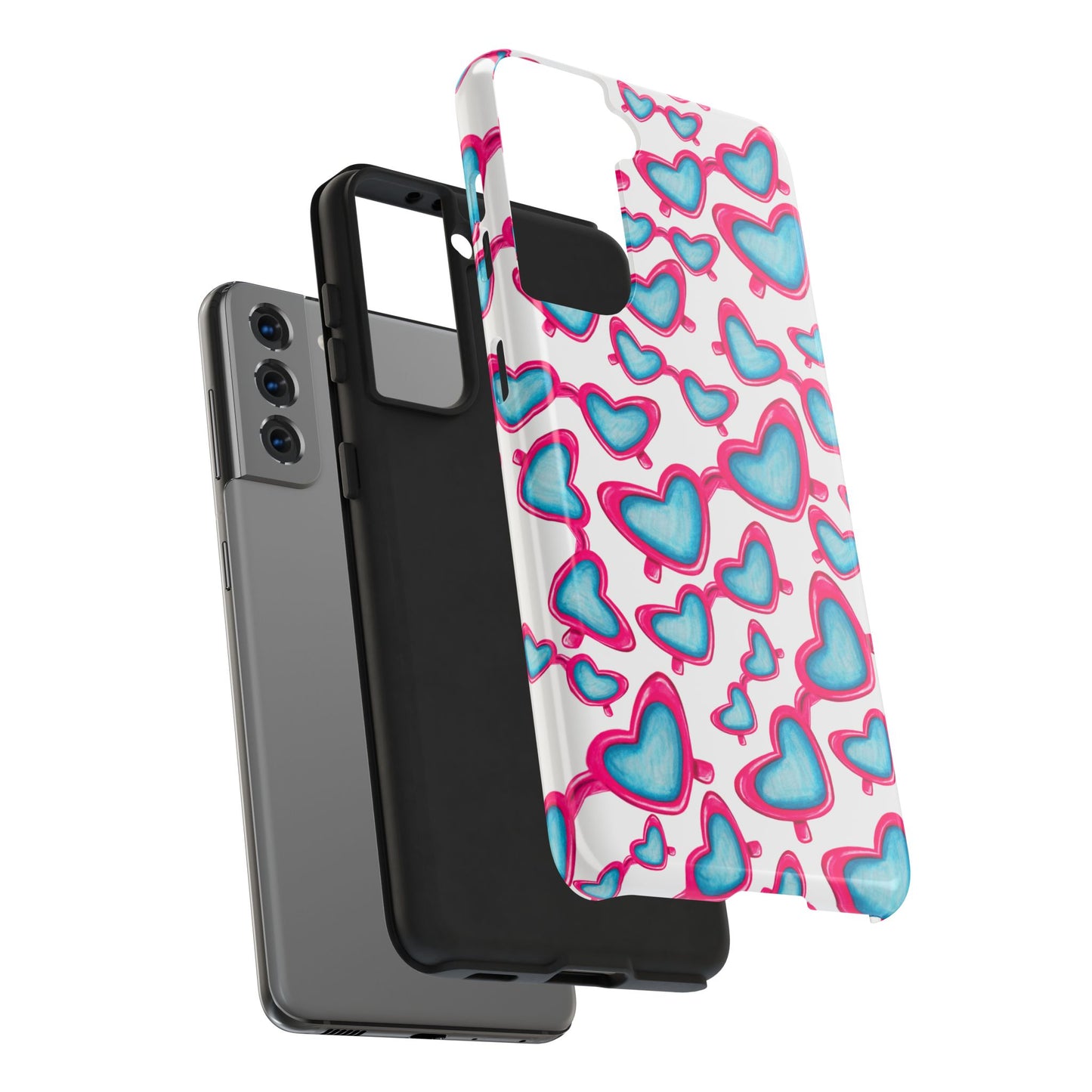Pink & Blue Heart Shaped Sunglasses Watercolor Illustrated Tossed Pattern Tough Case | Various Models