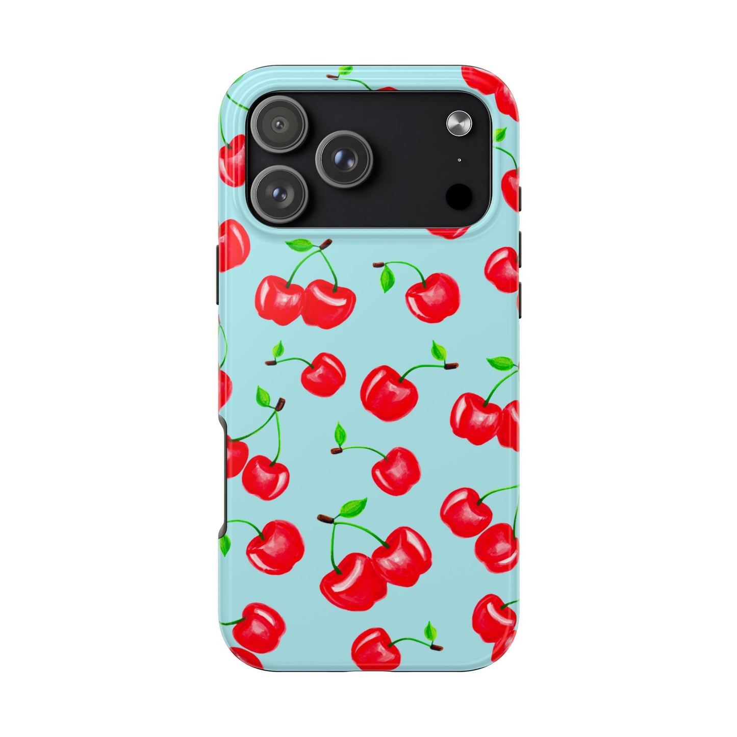 Tossed Red Watercolor Cherries Illustrated Pattern Bright Blue Tough Phone Case | Various Models