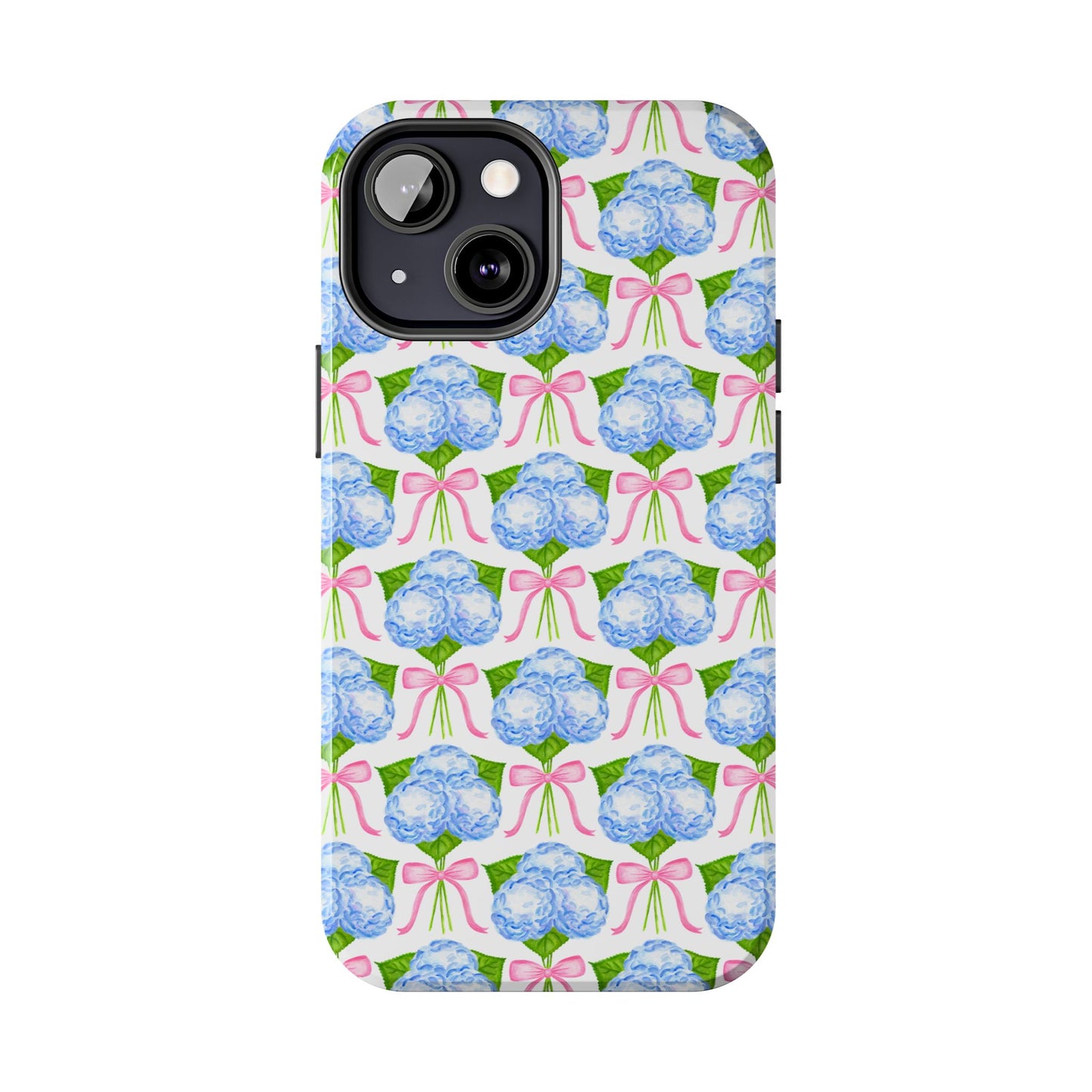 Blue Watercolor Hydrangea Bouqets with Light Pink Bows Watercolor Illustrated Patterned Tough Phone Case | Various Models