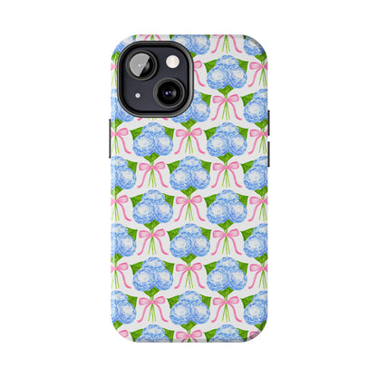 Blue Watercolor Hydrangea Bouqets with Light Pink Bows Watercolor Illustrated Patterned Tough Phone Case | Various Models