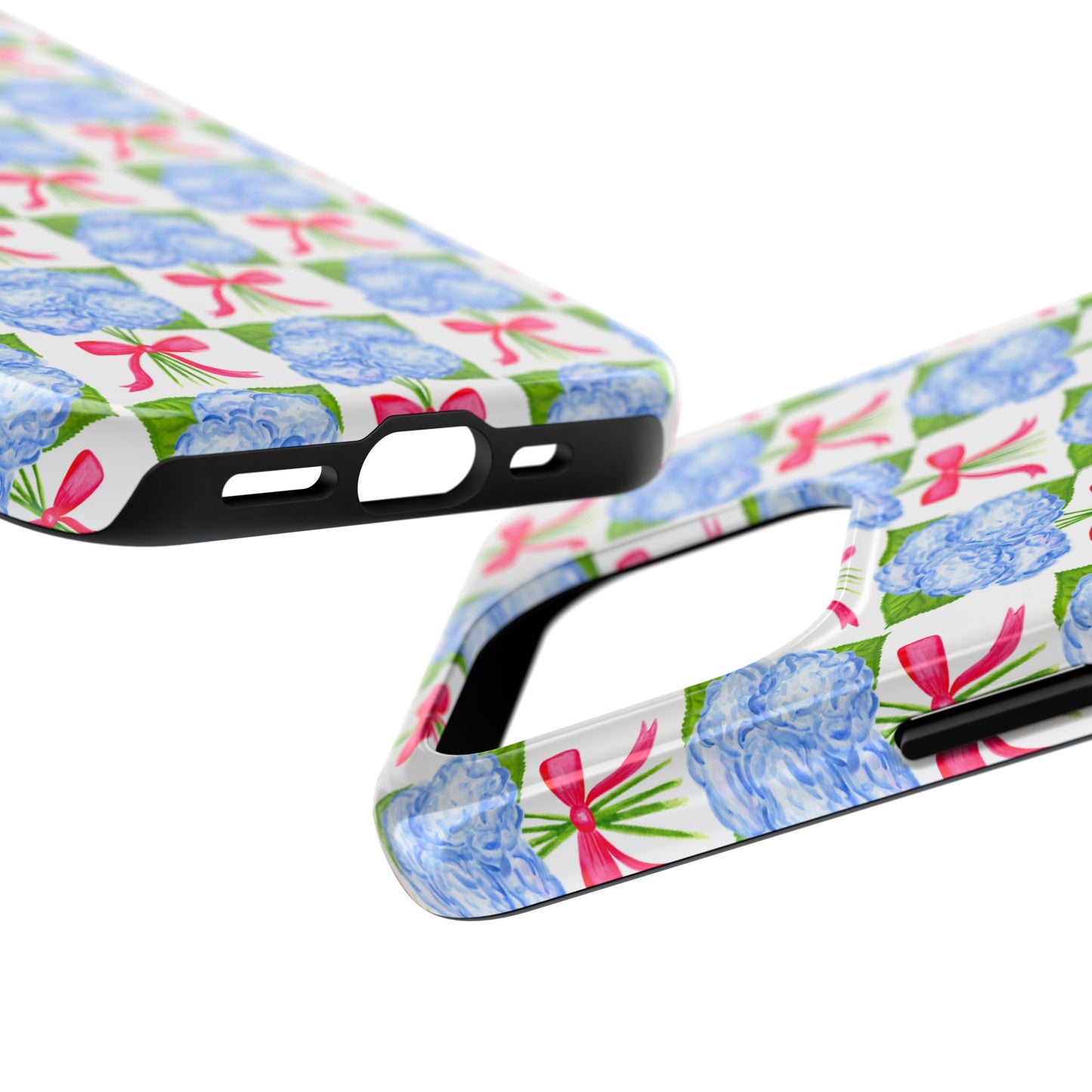 Blue Watercolor Hydrangea Bouquets with Hot Pink Bows Illustrated Patterned Tough Phone Case | Various Models