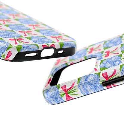 Blue Watercolor Hydrangea Bouquets with Hot Pink Bows Illustrated Patterned Tough Phone Case | Various Models