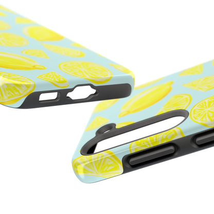 Bright Yellow Lemons Watercolor Illustrated Tossed Pattern Light Blue Tough Phone Case | Various Models