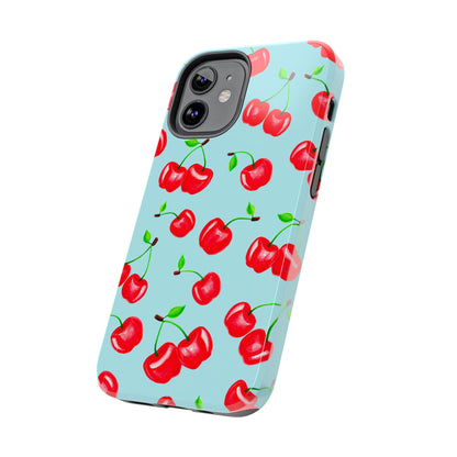 Tossed Red Watercolor Cherries Illustrated Pattern Bright Blue Tough Phone Case | Various Models