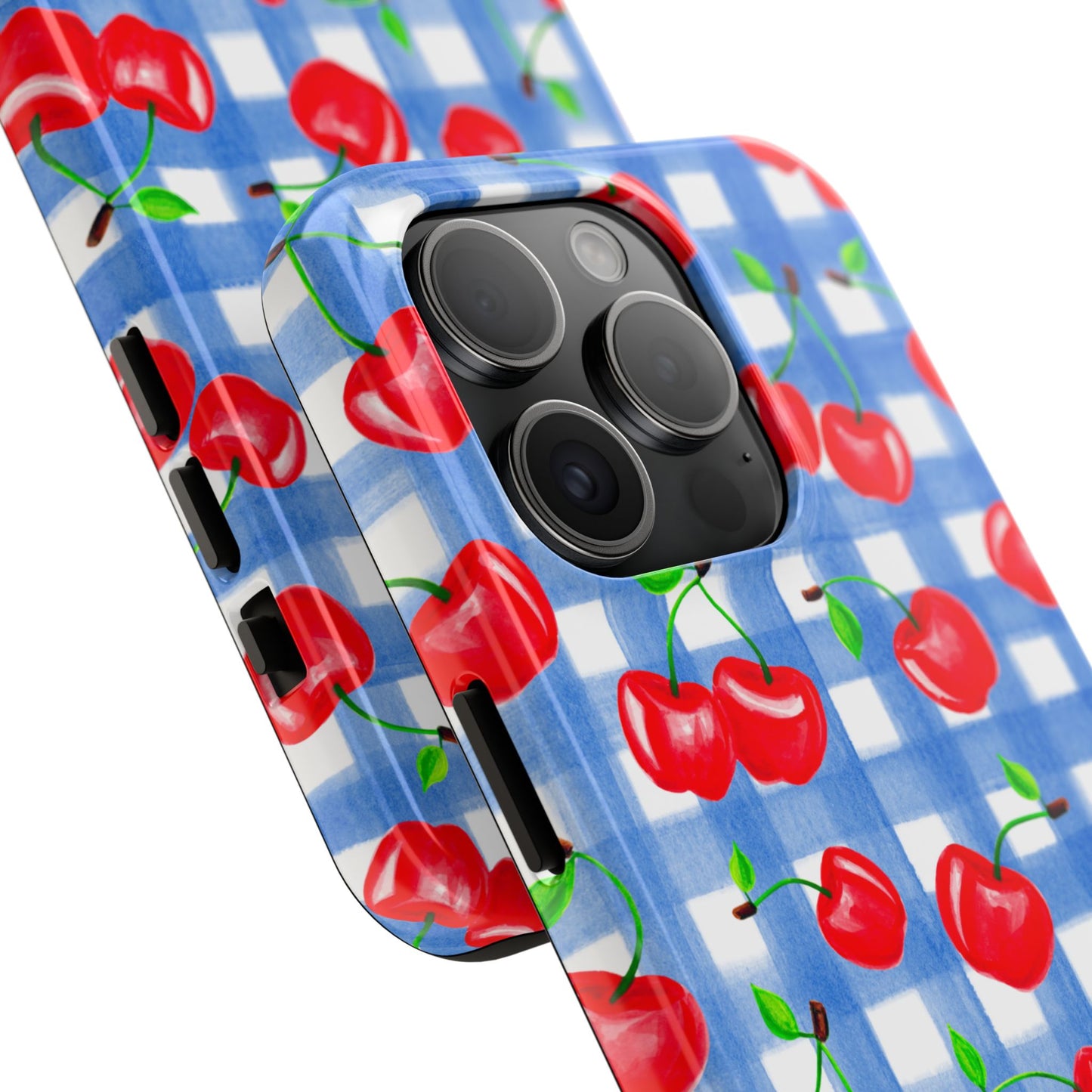 Tossed Red Watercolor Illustrated Cherries Light Blue Gingham Tough Phone Case | Various Models