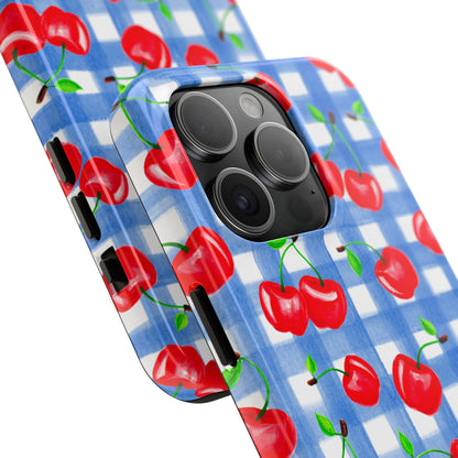 Tossed Red Watercolor Illustrated Cherries Light Blue Gingham Tough Phone Case | Various Models