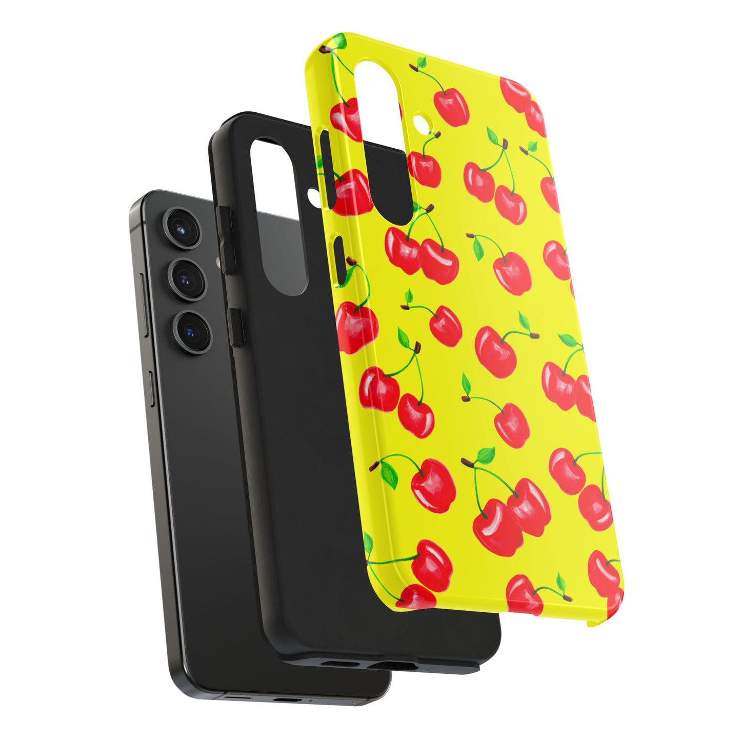 Tossed Red Watercolor Cherries Illustrated Pattern Bright Yellow Tough Phone Case | Various Models