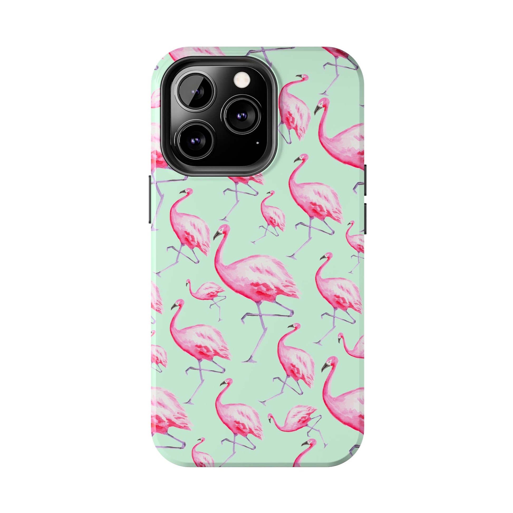 Pink Flamingos Watercolor Illustrated Tossed Pattern Green Phone Case | Various Models
