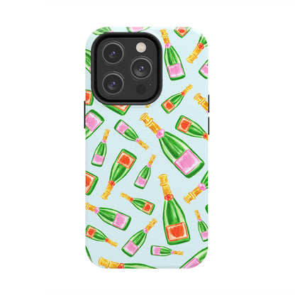 Tossed Pink and Green & Orange and Green Watercolor Illustrated Champagne Bottles Pattern Light Blue Tough Phone Case | Various Models