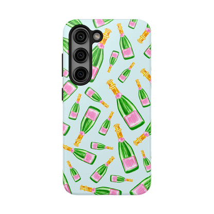 Tossed Pink and Green Watercolor Illustrated Champagne Bottles Pattern Light Blue Tough Phone Case | Various Models