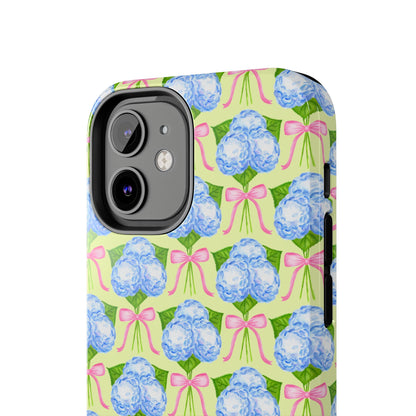 Blue Watercolor Hydrangea Bouquets with Light Pink Bows Watercolor Illustrated Patterned Yellow Tough Phone Case | Various Models