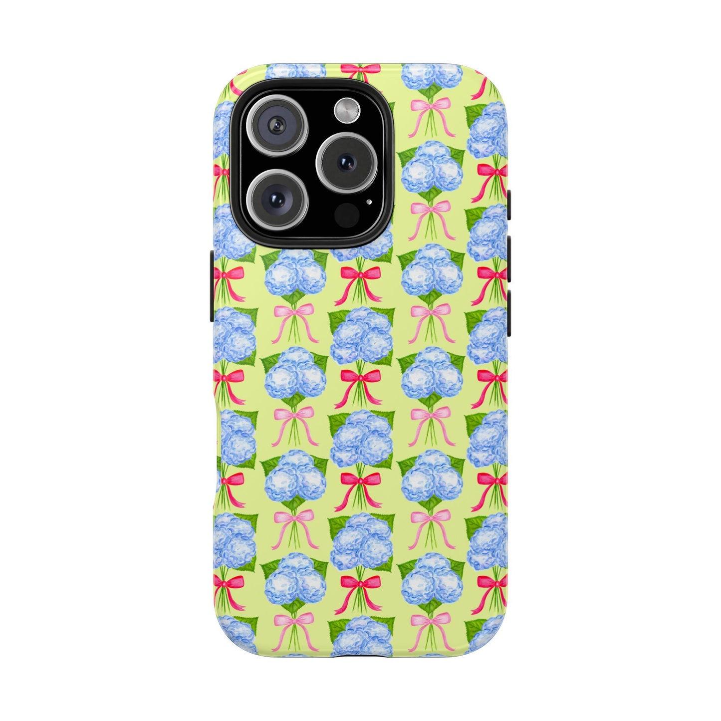 Watercolor Blue Hydrangea Bouquets with Hot Pink and Light Pink Bow Ribbons Illustrated Pattern Yellow Tough Phone Case | Various Models