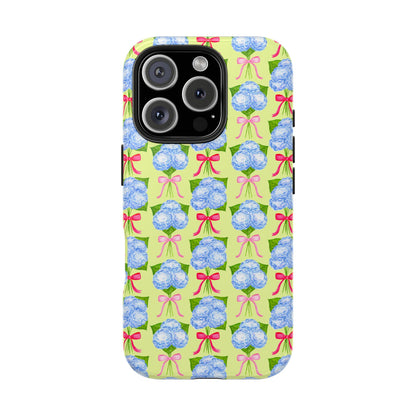 Watercolor Blue Hydrangea Bouquets with Hot Pink and Light Pink Bow Ribbons Illustrated Pattern Yellow Tough Phone Case | Various Models