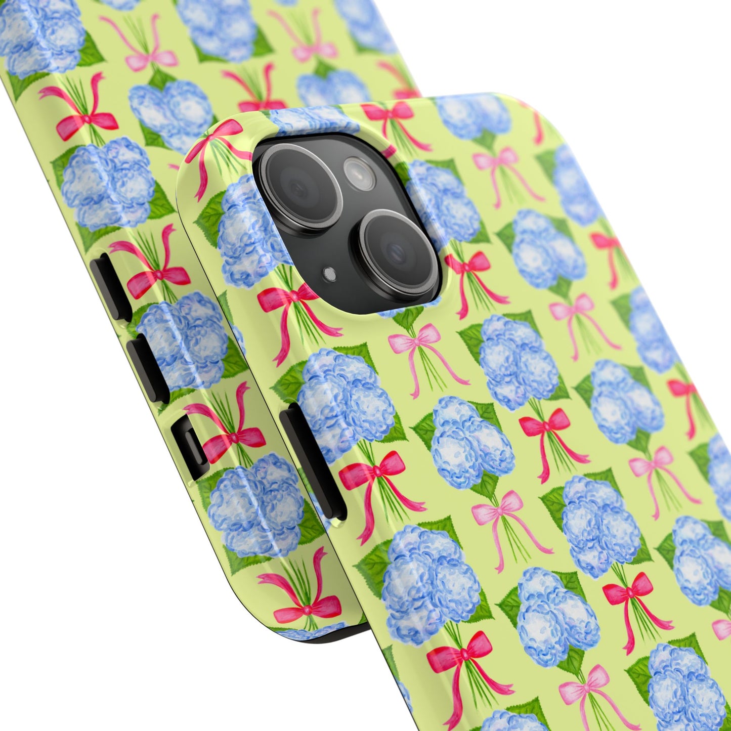 Watercolor Blue Hydrangea Bouquets with Hot Pink and Light Pink Bow Ribbons Illustrated Pattern Yellow Tough Phone Case | Various Models